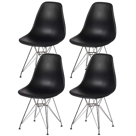 Mid-Century Modern Style Plastic DSW Shell Dining Chair With Metal Legs, Black, PK 4